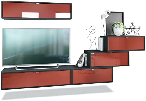Vladon Wall Unit Lana V1 Entertainment Center of 5 hanging elements with 12 shelves, carcass in Black matt, fronts in Grey High Gloss