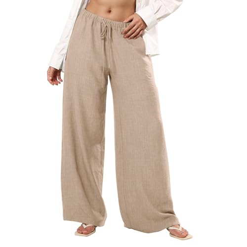Low Rise Linen Pants Women Wide Leg Baggy Lounge Pants Casual Drawstring Elastic High Waist Boho Flowy Beach Trosuers