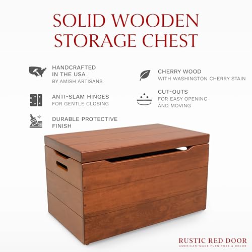 Image of Amish Made Wooden Storage Chest Trunk Box with Lid and Handles for Bedroom, Blanket, Clothes, Anti-Slam Hinges, Handmade, Rustic, Cherry Wood, W. Cherry Stain, 36 inch