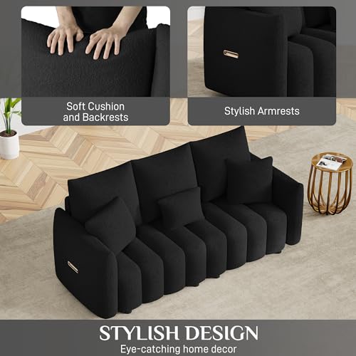 Image of OUYESSIR 81 inch Modern Sofa Couch, Comfy Upholstered Teddy Deep Seat Boucle Sofa, Modern 3-Seater Cloud Couch, Oversized Loveseat for Living Room Office Apartment, Black