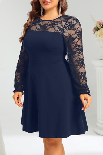 Image of Plus Size Cocktail Dress - Lace Wedding Guest Party Crew Neck Short A Line Dresses Women