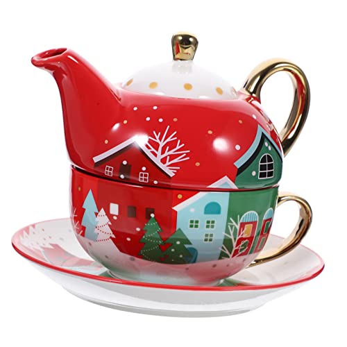 Cabilock Juego De Tetera Navideña Cerámico Taza De Navidad Rojo, Diseño Compacto, Patrón Temático Navideño, Adecuado Para Decoración y Obsequio