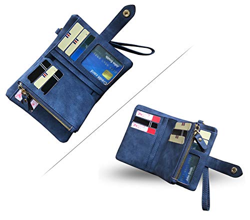 Womens Small Bifold Leather Wallets Rfid Ladies Wristlet With Card Slots Id Window Zipper Coin Purse (Blue) #TOP4