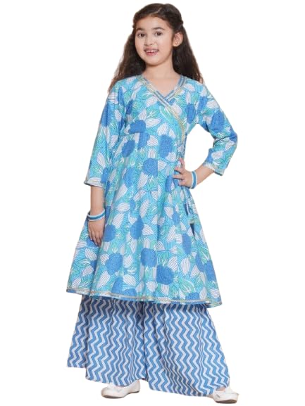 Image of Bitiya By Bhama Girls Floral Printed V-Neck Gotta Patti Pure Cotton Kurta with Sharara(TKS200)