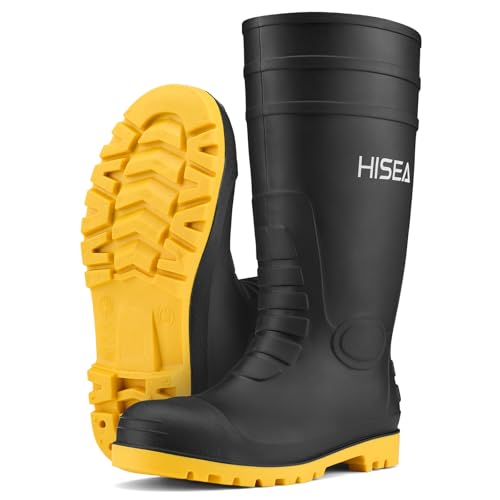 HISEA Men's Steel Toe Rain Boots PVC Rubber Boots, Waterproof Garden Fishing Outdoor Work Boots, Durable Slip Resistant Knee Boots for Agriculture and Industrial Working, Black/Yellow Size 7
