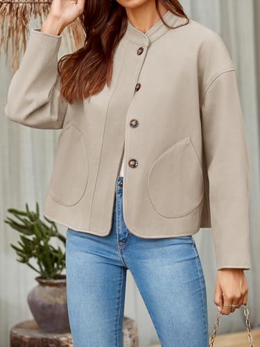 Tankaneo Womens Short Pea Coats Oversized Long Sleeve Button Down Casual Bomber Jackets with Pockets2