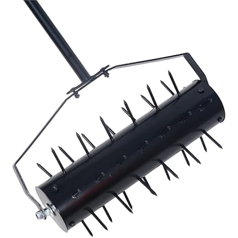 KUTOLAKI 58 Inch Push Spike Aerator, Heavy Duty Rolling Lawn Aerator, Rotary Push Tine Spike Soil Lawn Aerator Gardening Tool with 3-Piece Long Steel Handle for Garden Yard Grass Maintenance-Black Cover