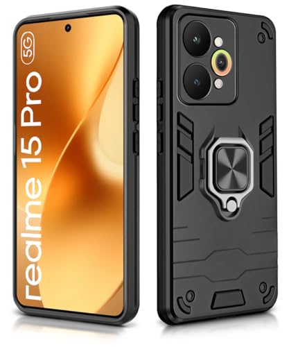 Image of WOW IMAGINE Shock Proof Back Case Mobile Cover for Realme 15 Pro 5G | Back Cover Case (Tough Armor | Hybrid PC + TPU | Ring Holder & in-Built Kickstand | Black)