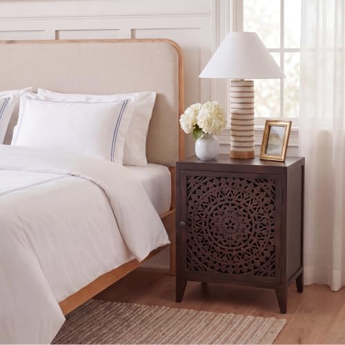 SAFAVIEH Furniture - Thea 1-Door Carved Nightstand - Brown - Mango Wood - Artisan...