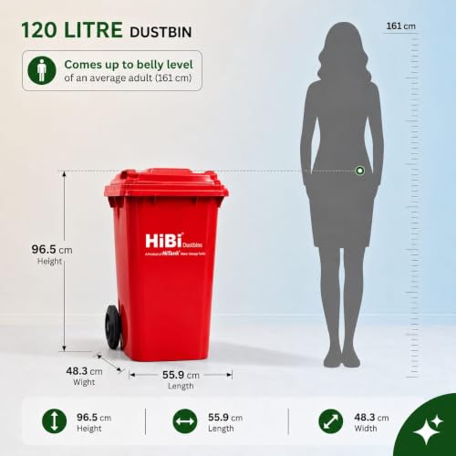 Image of HiBi AW 120 Litre Dustbin - Large Outdoor Waste Bin | Heavy Duty Garbage Container with Wheels | Durable Plastic Trash Can for Home, Office, Hospitals, Public Areas (Red)