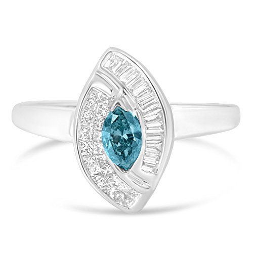 14K White Gold 4/5 Cttw Diamond Blue Marquise and White Princess & Baguette-Cut Modern Evil Eye Motif Fashion Ring (Enhanced Blue & H-I Color, SI1-SI2 Clarity)