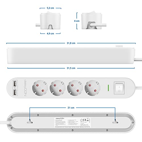 deleyCON 3,0m 4 Fach Steckdosenleiste mit USB Stromleiste 4X Schutzkontaktbuchsen 2X USB-A Ladebuchse für z.B. Handy & Tablet Überspannungsschutz EIN/AUS Schalter Weiß - Image 7