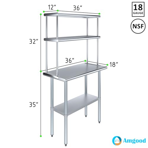 Image of AmGood Stainless Steel Work Table with 12 inch Wide Double Tier Overshelf | Metal Kitchen Prep Table & Shelving Combo | NSF (Stainless Steel Table with Double Overshelves, 36 inch Long x 18 inch Deep)
