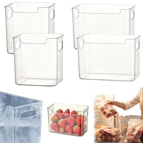 Clear Freezer Storage Bins,4pc Bottom Drawer Freezer Storage Bins, Stackable Kitchen Plastic Bins for Refrigerator and Pantry,for Frozen Food, Meat & Veggies (Clear, 4PC S+L)