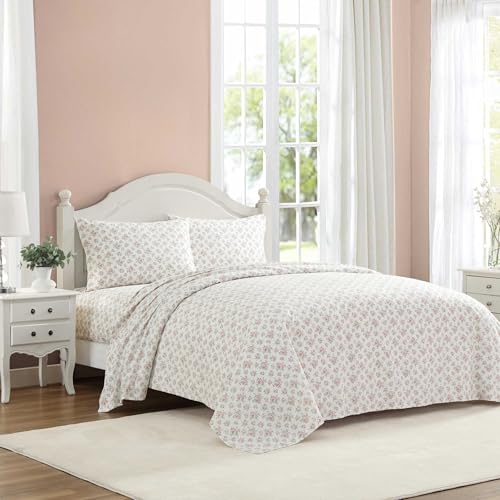 Image of Laura Ashley - Sheets, Cotton Percale Bedding with Matching Pillowcases, Crisp & Breathable, Deep Pocket, Fully Elasticized (Leanna Rose Pink, King)