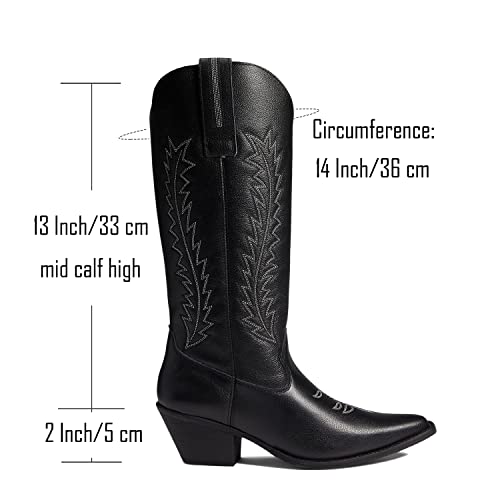 Image of LEHOOR Cowboy Boots Women Embroidered Mid Calf Western Boots Stacked Low Heel Pointed Toe Pull On Cowgirl Boot 4-11 M US