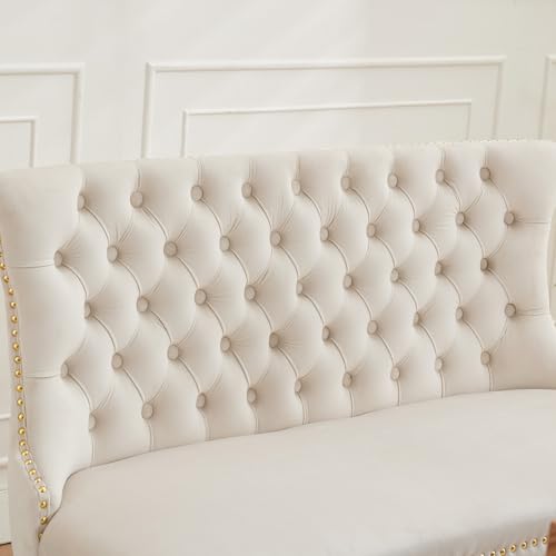 Image of 45.6''Velvet Dining Bench, Button Tufted Upholstered Dining Table Bench with Wing Highback, Nailhead Decoration, Small Loveseat Sofa with Gold-Plated Steel Legs, Mid Century Modern Seating, Beige
