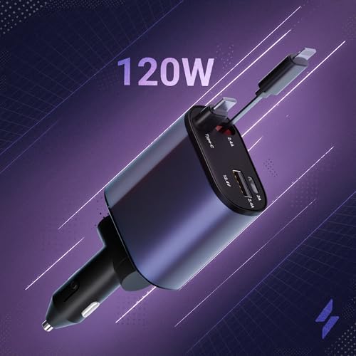 Image of AILKIN Car Charger Fast Charging 120W, 4 in 1 Retractable Car Charger Type C, Car Phone Charger with 2 USB Ports, Car Adapter for iPhone 17 /16 /15 /14 /13 /12 /11, iPad, Android Phones, Dash Cam