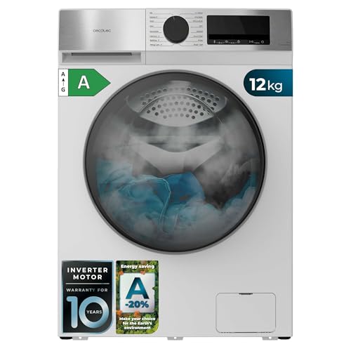 Cecotec Lavadora Carga Frontal 12Kg Bolero DressCode 12450 Inverter, 1400 rpm, 16 programas, Clase A-20%, Motor Inverter Plus, Allergy Care, Pearl Drum, Función Silence, Stop&Go y Kid Lock, Blanca