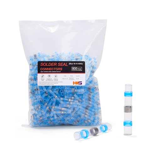 HKS 800 PCS Solder Seal Wire Connectors - Blue 16-14 AWG - Heat Shrink Solder Butt Connectors - Tinned - Automotive Marine Boat Crimp - Waterproof and Insulated