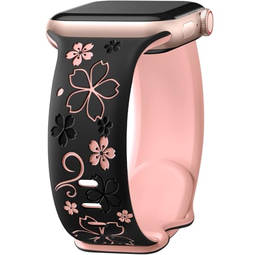 Floral Engraved Band Compatible with Apple Watch Bands for Women 40mm 41mm 42mm 38mm 44mm 45mm 46mm, Soft Silicone Cute TwoTone Flower Sport Strap for iWatch Series 11 10 9 SE 3 8 7 6 5 4 2