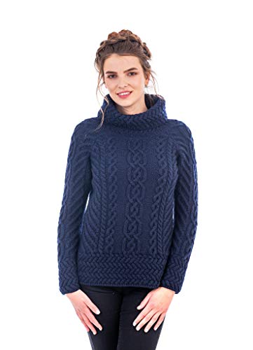 SAOL 100% Merino Wool Irish Fisherman Knitted Funnel Neck Ladies Long Loose Fit Sweater Jumper (Navy, X-Large)