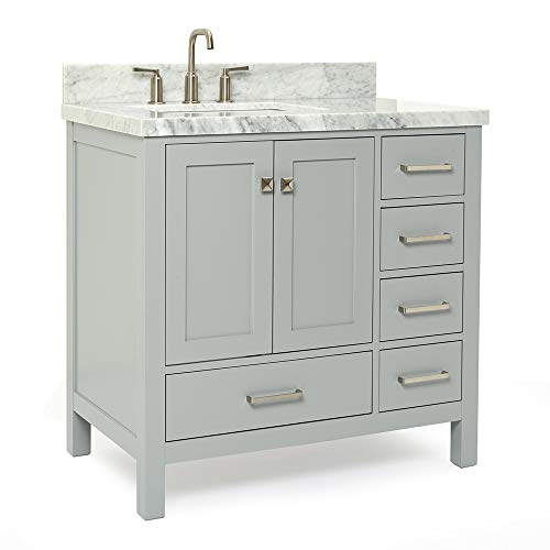 Ariel 37" Grey Bathroom Vanity With 1.5" Edge Italian Carrara Marble Countertop & Backsplash, Left Rectangular Sink, 2 Soft Closing Doors, 5 Full Extension Dovetail Drawers, Brushed Nickel #TOP1