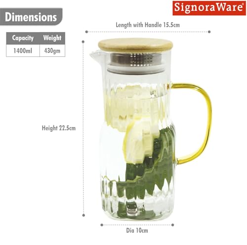 Image of Signoraware BoroBloom Borosilicate Glass Jug with Bamboo Lid | Heat Resistant | Elegant Airtight Bamboo Lid for Natural Look | Ideal for Water, Juice, Detox & Infused Beverages (1.4 Ltr | Clear)