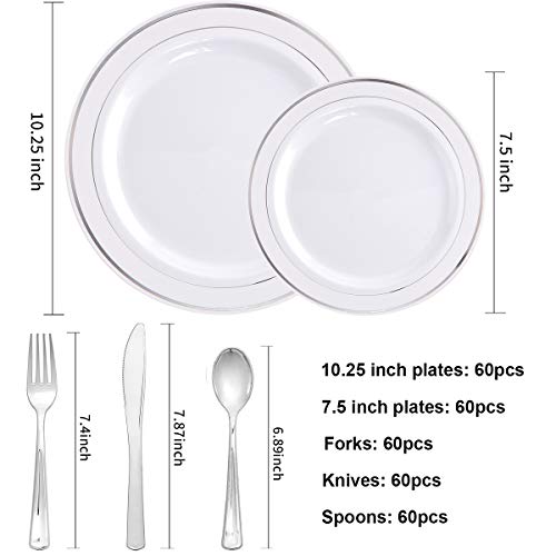 I00000 300 Pieces Silver Plastic Plates With Disposable Silverware, Fancy Tableware Sets Include 60 Dinner Plates 10.25", 60 Salad Plates 7.5", 60 Forks, 60 Knives And 60 Spoons Serve For 60 Guest #TOP1