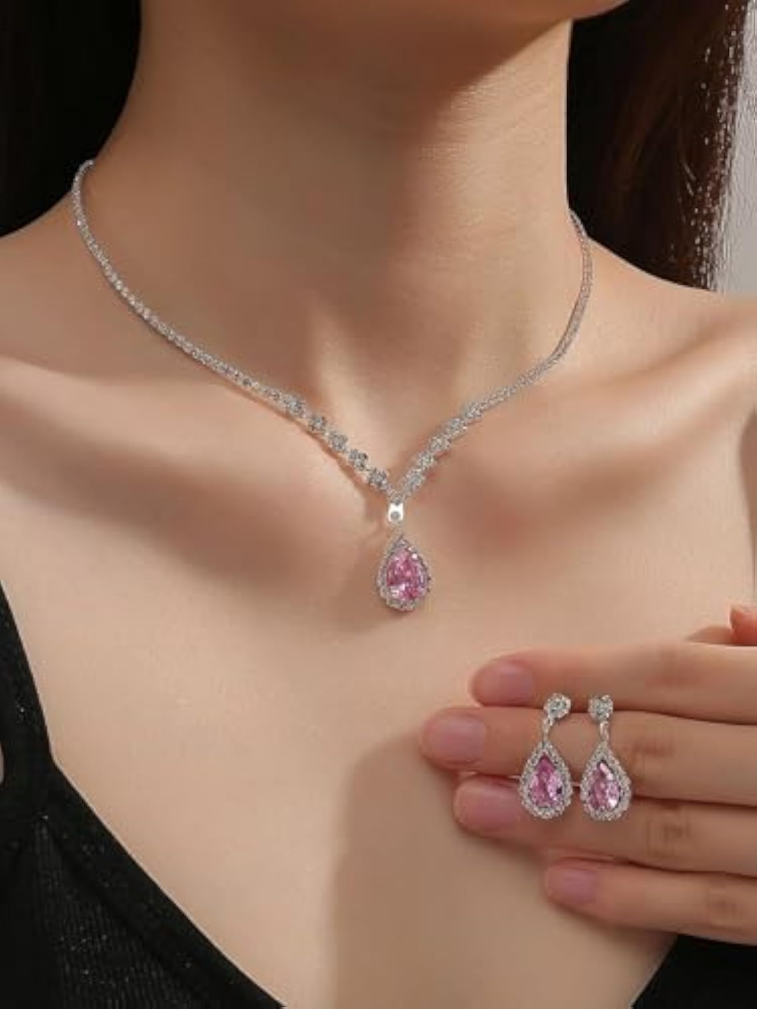 Crystal Zircon Necklace and Earrings Set, Teardrop Pendant