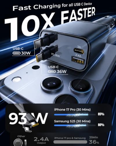 Image of Sevenaire Retractable Car Charger [Ultra-Compact], 93W 4 in 1 Car Charger with Dual USB C Cables 36W + 30W PD PPS SFC 2.0, Retractable Cables, Compatible for iPhones, iPad, Galaxy, Pixel