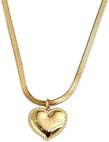 LONMAOSU Heart Pendant Necklace, Snake Bone Chain, Herringbone Women's Necklace, Titanium Steel Plated 14K Gold
