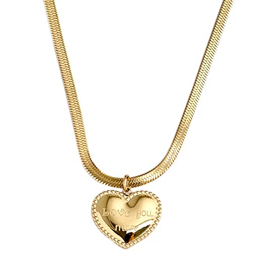Lonmaosu Heart Pendant Necklace, Snake Bone Chain, Herringbone Women's Necklace, Titanium Steel Plated 14K Gold #TOP26