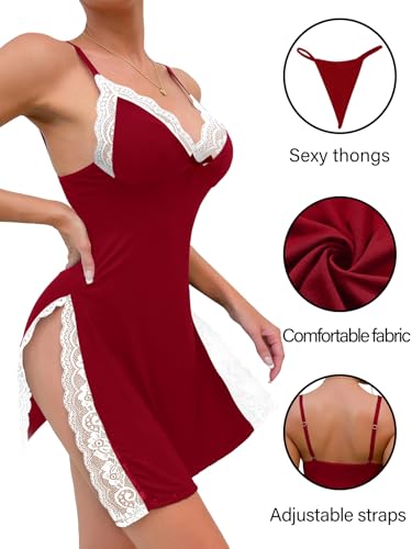 Image of Foxiny Sexy Split Side Floral Lace Trim Full Slip Night Gown Babydoll Lingerie Dress with Thong 2 piece