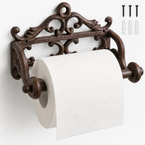 Comfy Hour Cast Iron Toilet Paper Holder, 6.3 x 3.86 Inch, Antique Brown Vintage Wall Mount, Victorian French Scroll Bathroom Roll Organizer, Rustic Farmhouse Hardware, 1 Piece