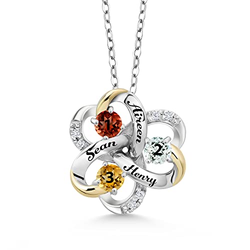 Gem Stone King Build Your Own Personalized and Customized 3-Stone Gemstone Birthstones Engraved 925 Sterling Silver and 10K Yellow Gold Lab Grown Diamond Pendant Necklace For Women with 18 Inch Chain