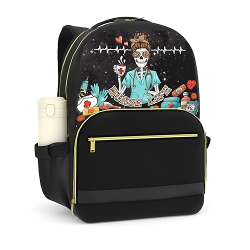 84hoods Mochila grande com vários compartimentos para viagem e laptop. Presente para enfermeiras. Leve, resistente, resistente à água para uso diário. Esqueleto enfermeira.