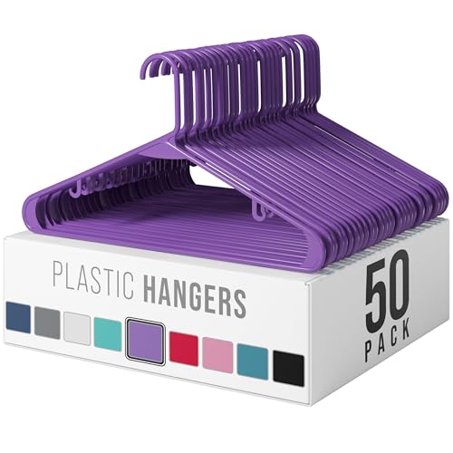 Plastic Hangers 50 Pack Purple - Clothes Hangers - Makes The Perfect Coat Hanger and General Space Saving Hangers for Closet and New Apartment Essentials - Percheros Ganchos para Colgar Ropa Hangars