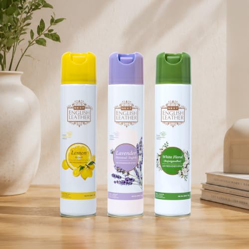 Image of Next Care English Leather Air Freshener Spray 220ml Each | Long Lasting Room Freshener for Home, Office & Car | Odour Eliminator (Lemon, Lavender & White)