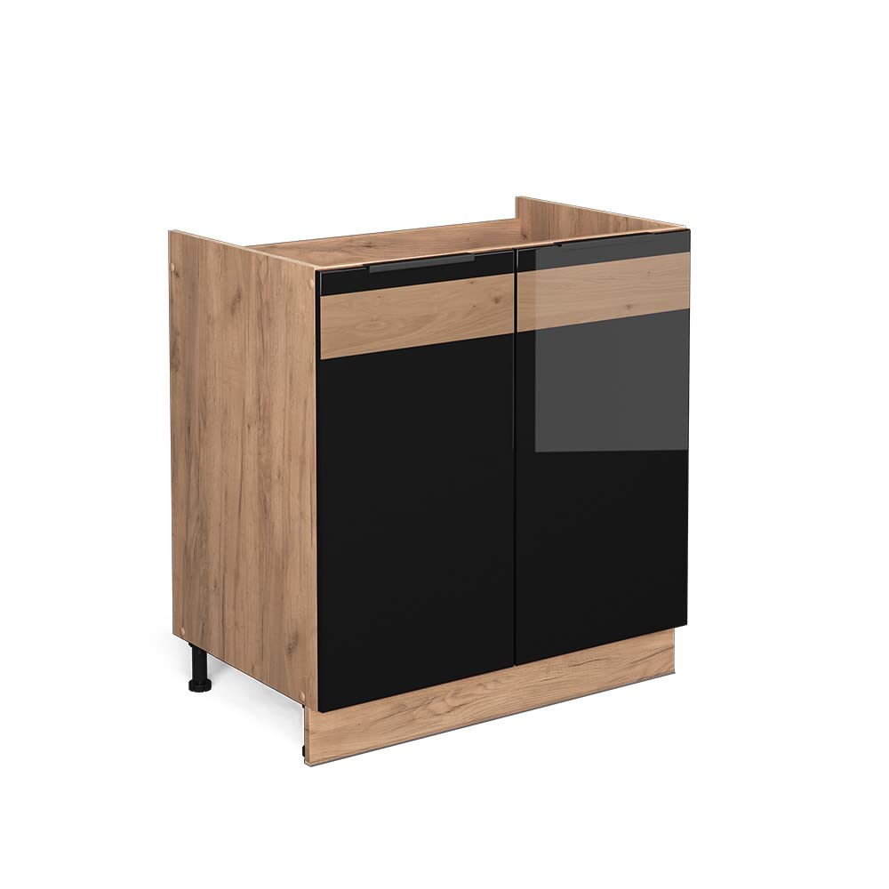 Vicco Glazen keukenkast R-Line, Blauw-grijs/Krachtige eik goud, 60 cm