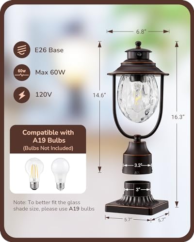EDISHINE Dusk to Dawn Outdoor Post Light, Pole Light Fixture with Pier Mount Base, Waterproof Exterior Lamp Post Lantern Head with Water Ripple Glass for Driveway Yard Fence Garden Patio, Black - Thumbnail 7