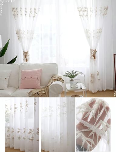 Rideaux transparents blancs avec œillets brodés feuille traitement fenêtre - 4