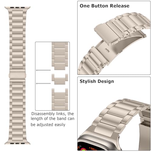 Image of Anlinser Metal Bands Compatible with Apple Watch Band 49mm 46mm 45mm 44mm 42mm for Women Men, Stainless Steel Business Strap for iWatch Ultra 3 /2 /1 SE Series 11 10 9 8 7 6-1 (Starlight)