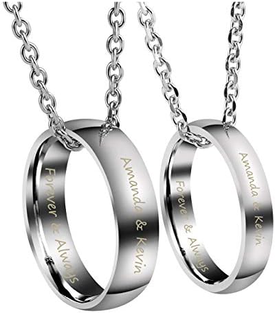 Jovivi Personalized Custom Couples Necklace Engraved Name Love Heart His & Hers Matching Rings Set for Men Women Stainless Steel Pendant Necklaces Valentines Day Gifts