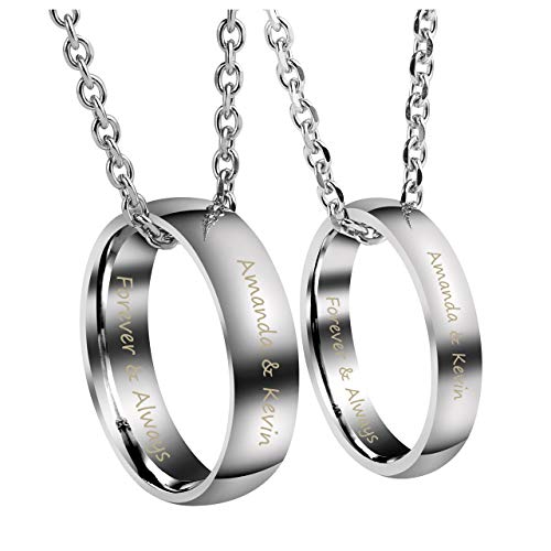 Jovivi Personalized Custom Couples Necklace Engraved Name Love Heart His & Hers Matching Rings Set for Men Women Stainless Steel Pendant Necklaces Valentines Day Gifts