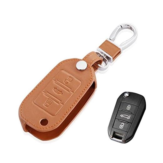 Happyit Cuir Voiture Clé Cas de Couverture Porte-clés pour Peugeot 407 308 3008 508 207 208 307 408 301 3 Boutons Télécommande (Marron)