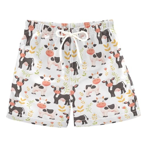 ALAZA Cute Cow Flower Boys' Swim Trunks Beach Shorts Quick Dry Swimsuit 6 Years