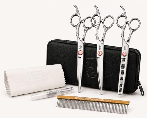 Image of Geib Buttercut Dog Grooming Scissors Kit, Three-Piece Set with Straight, Curved and 35-Tooth Blending Shear, Stainless Steel, Zipper Case Included