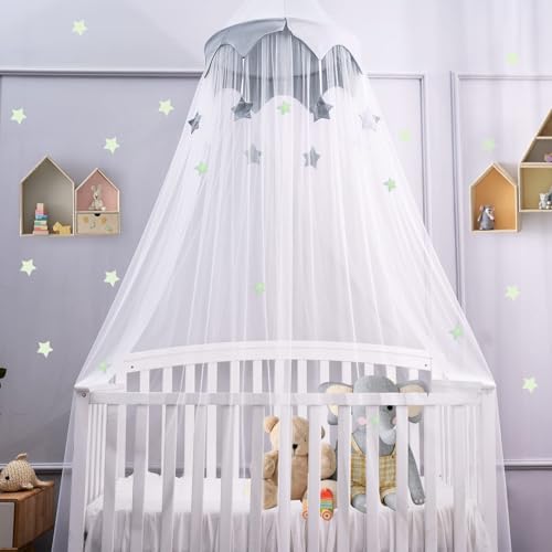 Image of Canopy for Kids Bed with Stars, Crib Canopy with Dome, Elegant Net Hanging Fairy Girl Bed Canopy Princess Room Decoration Reading Nook Corner Curtain Fits Full Crib, Twin, Queen Play Castle Tent