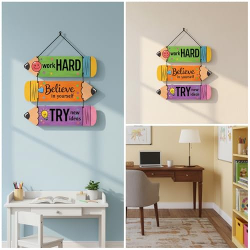 Image of Motivational Wooden Wall Hanging Quotes - Work Hard, Believe in Yourself, Try New Ideas | Colourful Pencil Design MDF Inspirational Wall Decor for Kids Room, Study & Office